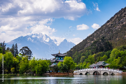 the black dragon pool in front of Jade dragon Snow Mountain the most beautiful snow mountain in Lijiang, Yunnan, China