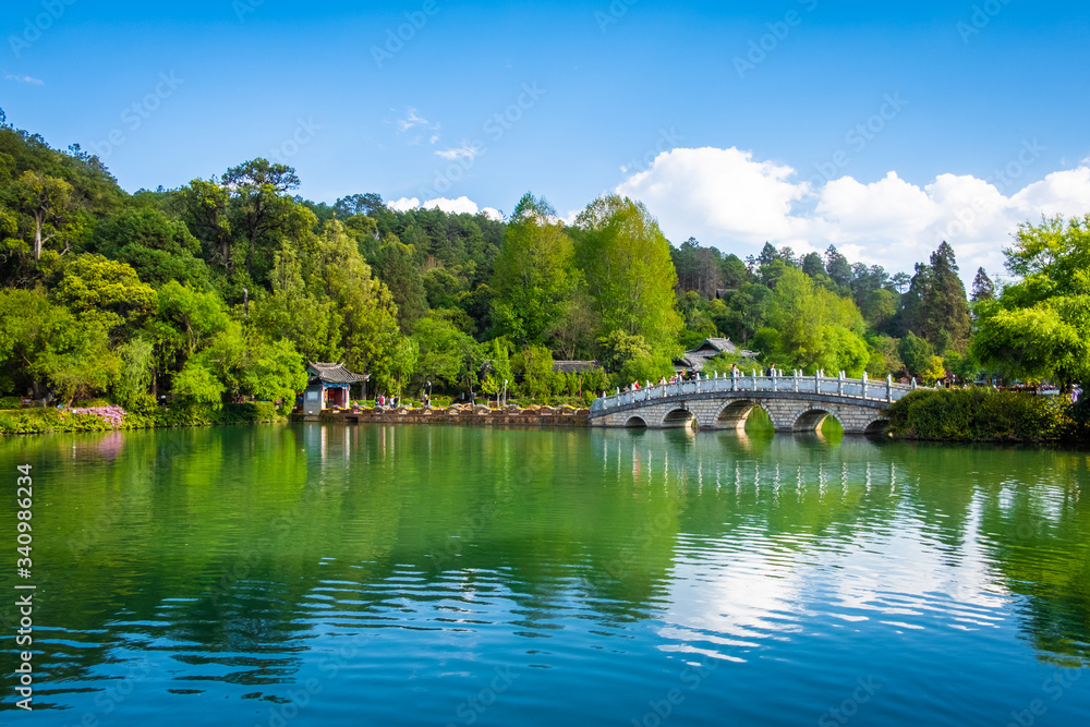 the black dragon pool in front of Jade dragon Snow Mountain the most beautiful snow mountain in Lijiang, Yunnan, China