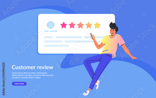 Customer review and user testimonials fulfilled form. Flat teenage man using smartphone to leave comment and rate a service or goods. Customer feedback and rating 5 stars template on blue background