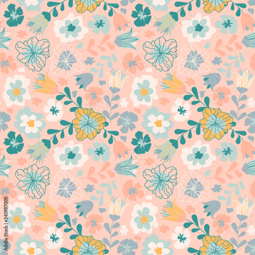 Seamless pattern with pretty flowers, leaves and floral elements. Floral colorful design in pastel colors. Good for baby products, fabric, wallpaper and more