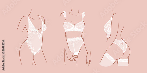 Set of Elegant attractive female body silhouettes. Ladies wearing Sexy white Lace Lingerie. Hand drawn trendy Vector fashion isolated illustrations. Unique style. Modern design