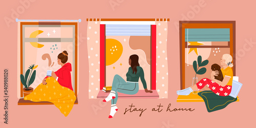 Set of three Various young Ladies looking through window while sitting on windowsill at home. Hand drawn colored Vector illustration. Thinking, meditating, reading concept. Stay at home © Dariia
