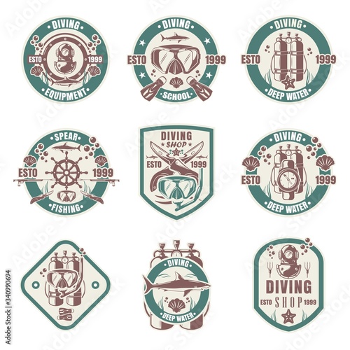 Diving school, shop, club vintage logo set, vector isolated illustration