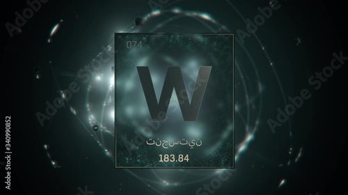 Tungsten as Element 74 of the Periodic Table. Seamlessly looping 3D animation on green illuminated atom design background orbiting electrons name, atomic weight element number in Arabic language photo