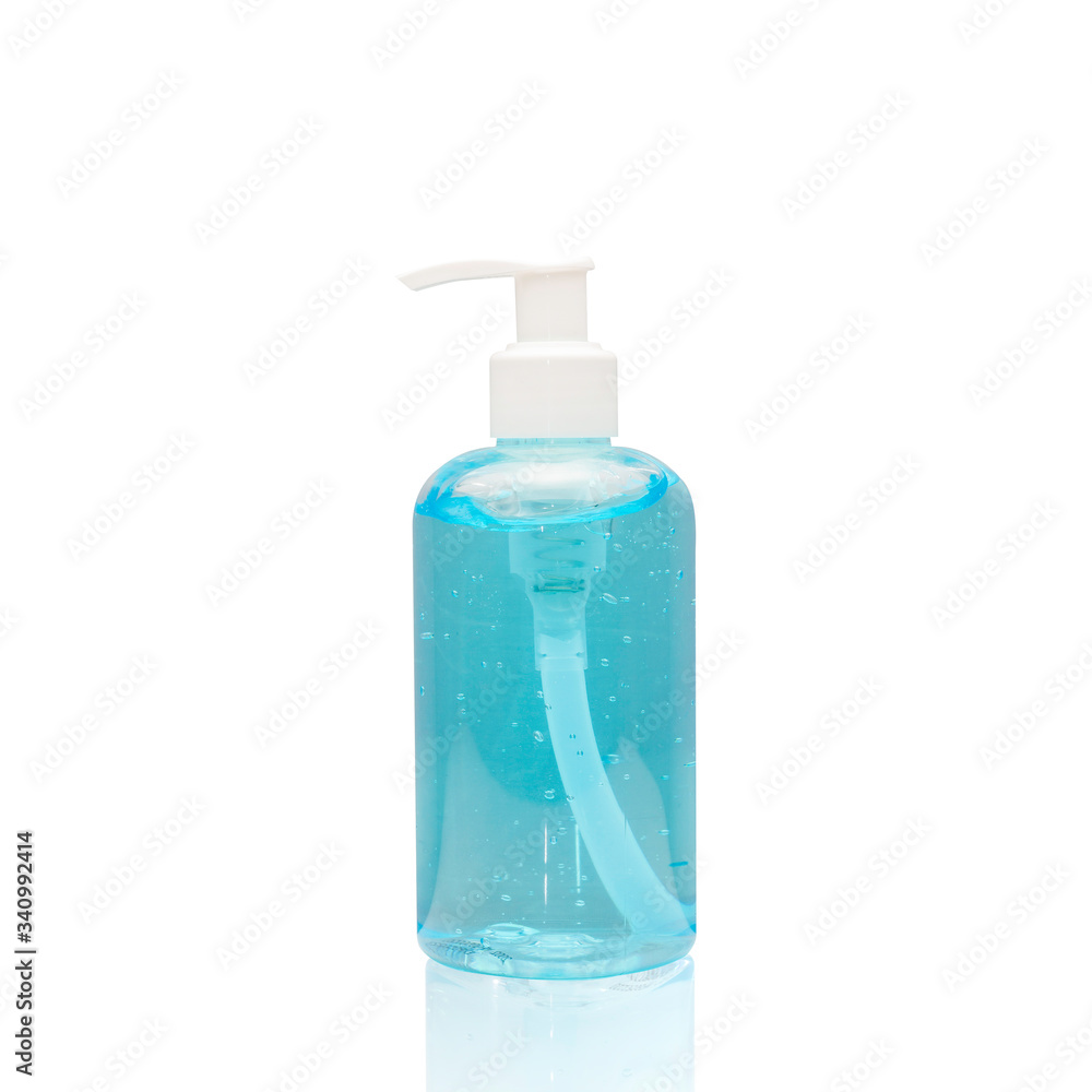 Blue Alcohol Gel in pump 250 ml. bottle isolated with clipping mask, gel for protect from corona virus 2019 avoid infection from disease. Blue Alcohol Gel in pump 250 ml. bottle isolated with clipping mask, gel for protect from corona virus 2019 avoid infection from disease.