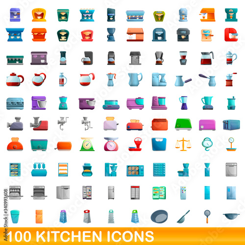 100 kitchen icons set. Cartoon illustration of 100 kitchen icons vector set isolated on white background