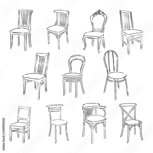 Furniture set. Interior detail outline collection: chair, armchair, stool. wooden chair vector sketch illustration photo