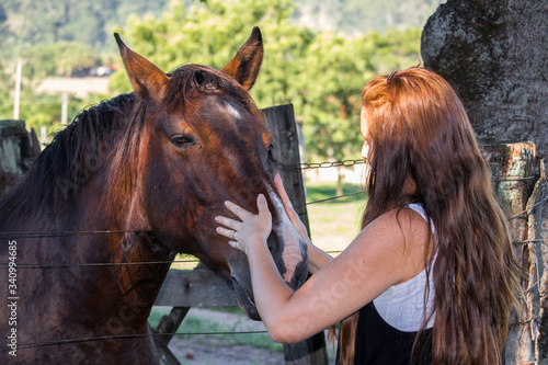 Beautiful horse been taking care with love by a red hair woman