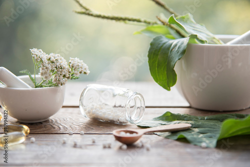homeopathic granules, medicinal herbs on a natural wooden table on a natural background. alternative medicine and homeopathy photo