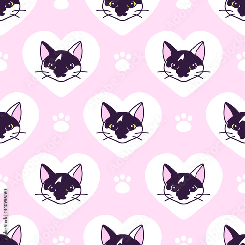 Seamless pattern with cute black and white cat heads. Texture for wallpapers, stationery, fabric, wrap, web page backgrounds, vector illustration