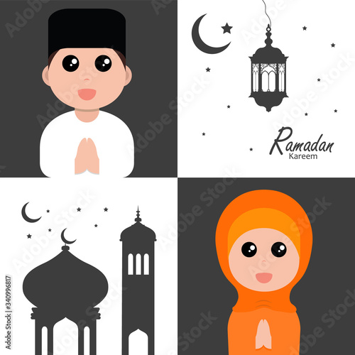 flat illustration ramadan background with ramadan kareem cartoon character design