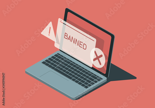 Isometric laptop with banned message.