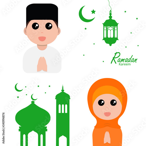 flat illustration ramadan background with ramadan kareem cartoon character design