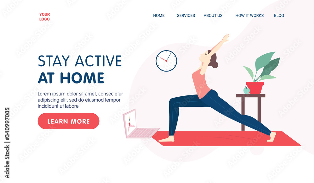 Yoga online class landing page template concept. Girl doing yoga online at home using her laptop. vector cartoon illustration for website or banner.