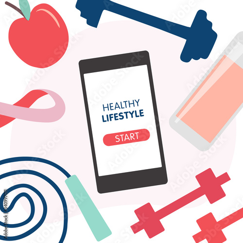 Fitness equipment banner design. Home and gym workout tools. Hula hoop, dumbbells, jumping rope, apple, water bottle. vector cartoon illustration