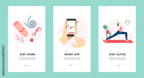 Fitness online class onboarding mobile app screens, banner template design. Vector concept image cartoon Illustration