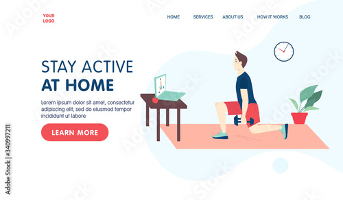 Fitness online class landing page template concept. . Man doing fitness at home in online classes using his laptop. Vector flat cartoon illustration