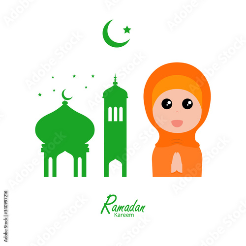 flat illustration ramadan background with ramadan kareem cartoon character design