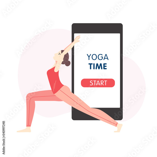 Yoga online course banner concept. Girl doing yoga online at home using her smartphone app. vector cartoon illustration