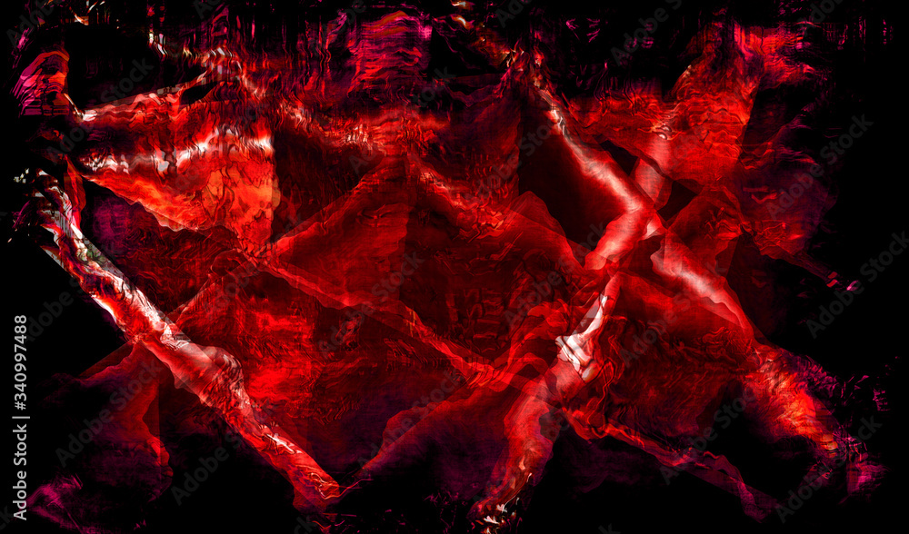Modern expressionist grunge abstract of distorted shapes in red and black