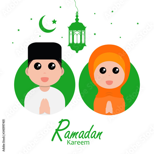 flat illustration ramadan background with ramadan kareem cartoon character design