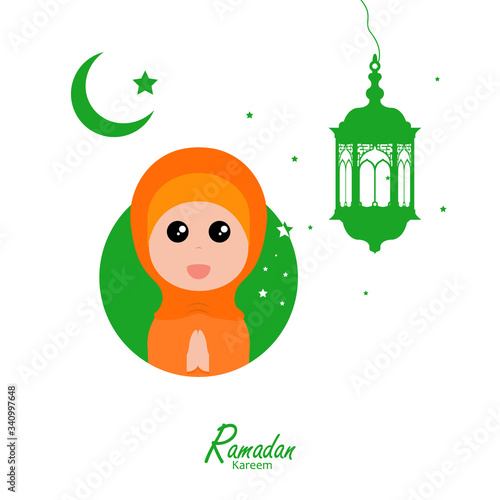 flat illustration ramadan background with ramadan kareem cartoon character design