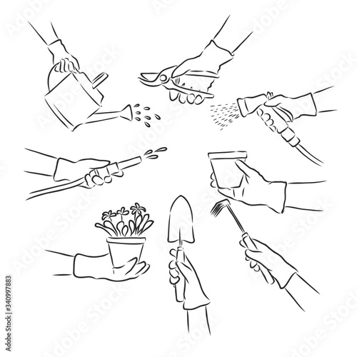 garden tools. garden tools set vector sketch illustration