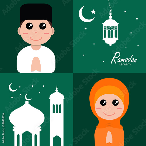 flat illustration ramadan background with ramadan kareem cartoon character design
