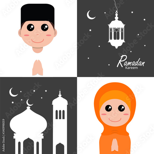 flat illustration ramadan background with ramadan kareem cartoon character design