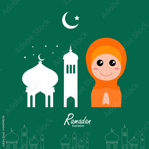 flat illustration ramadan background with ramadan kareem cartoon character design