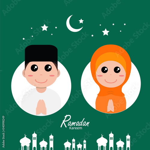 flat illustration ramadan background with ramadan kareem cartoon character design