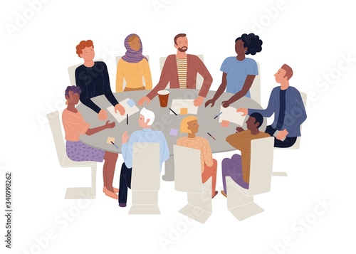 Men, woman of different ages, nationalities sitting at round desk. Group therapy, personal growth training, brainstorming meeting, negotiation, conference, english speaking club vector illustration.