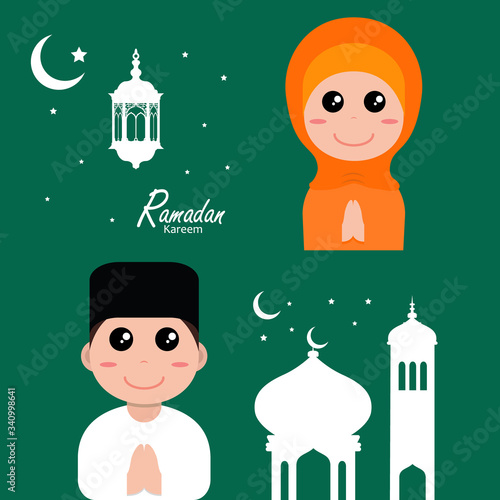 flat illustration ramadan background with ramadan kareem cartoon character design