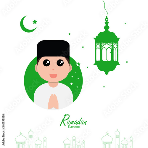 flat illustration ramadan background with ramadan kareem cartoon character design