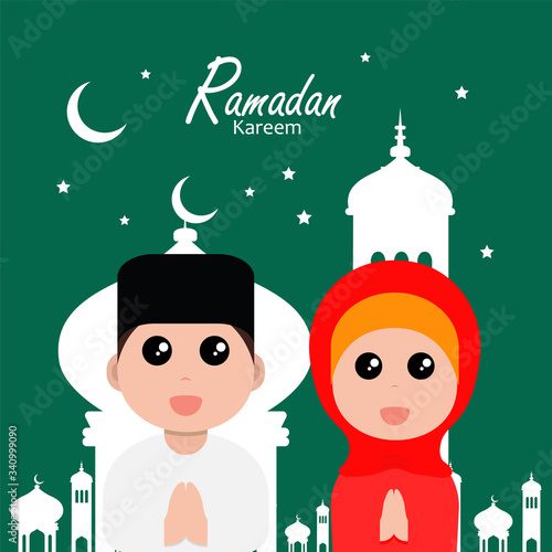 flat illustration ramadan background with ramadan kareem cartoon character design