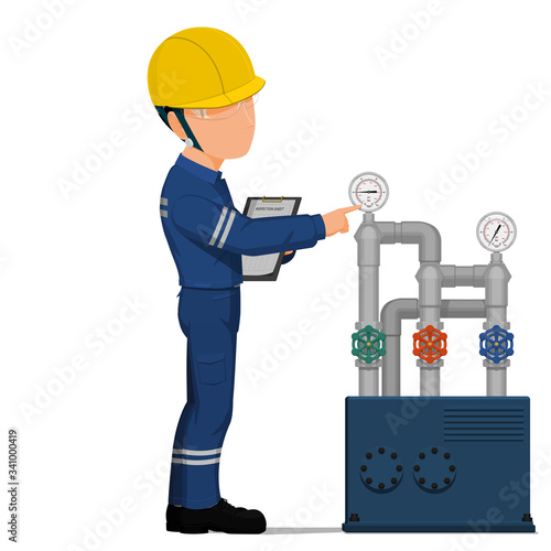 An industrial worker is checking the pressure in the piping system.