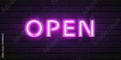 Glowing violet neon script OPEN. Vector font for typography design. Bright font with fluorescent tubes in boxing. Lettering illustration for design of sign on the door of shop, cafe, bar or restaurant