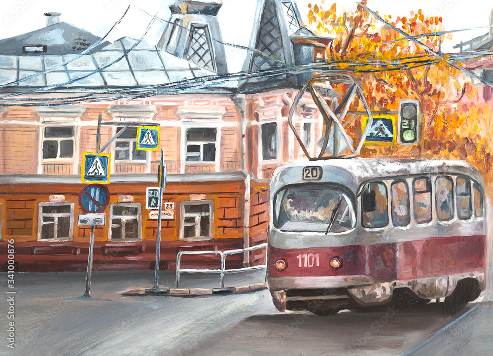 Old tram, oil paintings landscape, city. Fine art. Autimn in the city.