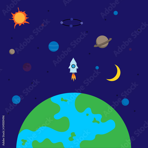 A drawing of a spaceship above planet Earth. Space background. Vector