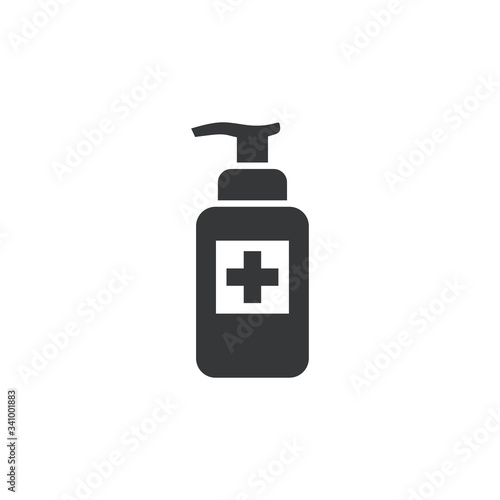 Medical disinfectant bottle, hygienic sanitizer antibacterial gel black isolated vector icon.