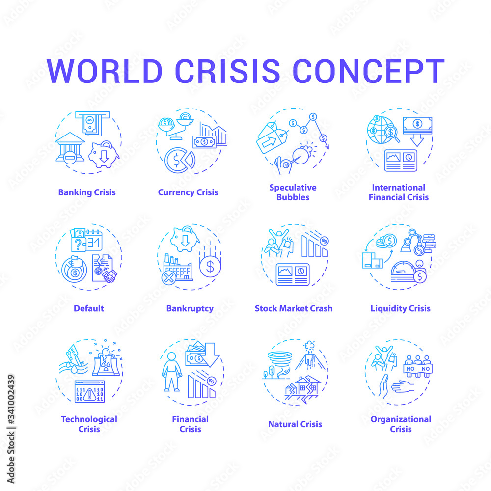 World crisis concept icons set. International disaster situation, emergency event with global negative changes idea thin line RGB color illustrations. Vector isolated outline drawings