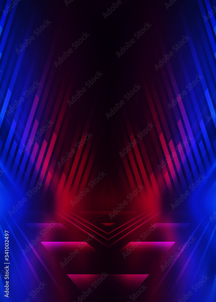 Empty dark abstract background. Background of empty show scene. Glow of neon lights and neon figures on an empty concert stage. Reflection of light on the pavement. Empty dark abstract background. Background of empty show scene. Glow of neon lights and neon figures on an empty concert stage. Reflection of light on the pavement.