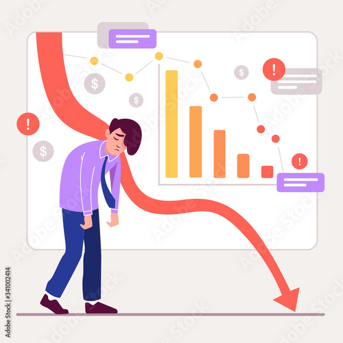 Unhappy cartoon businessman bankrupt at falling down economic arrows chart graph background. Upset business male during financial crisis investment failure isolated on white