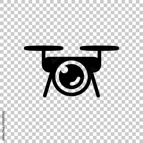 Drone with camera, tech logo. Black symbol on transparent background