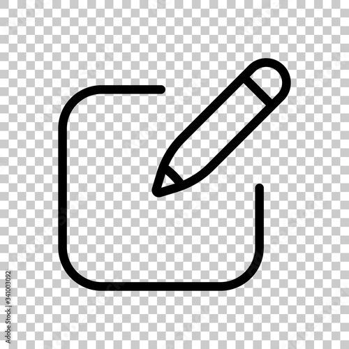 Pencil and paper, edit text, create file, new document, outline design. Black symbol on transparent background
