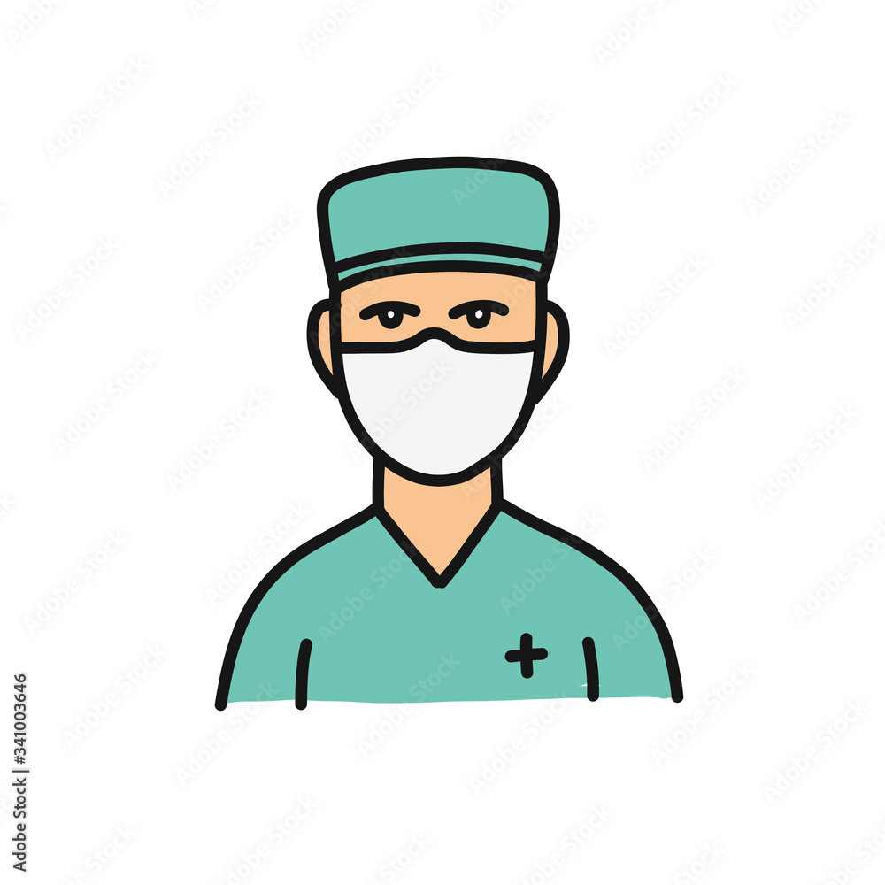 doctor with medical mask avatar doodle icon, vector illustration