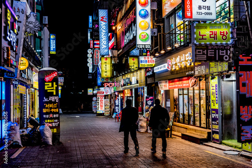 Neon lights in the night of the city of Seoul in South Korea