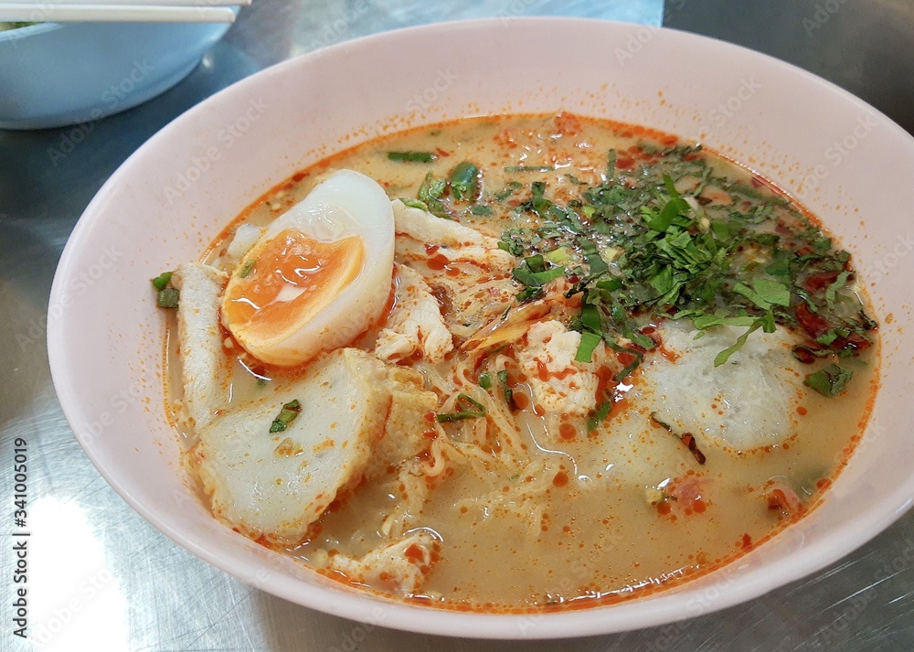 Bowl of Noodles with Slice Fish Sausage and Boil Egg Bowl of Noodles with Slice Fish Sausage and Boil Egg