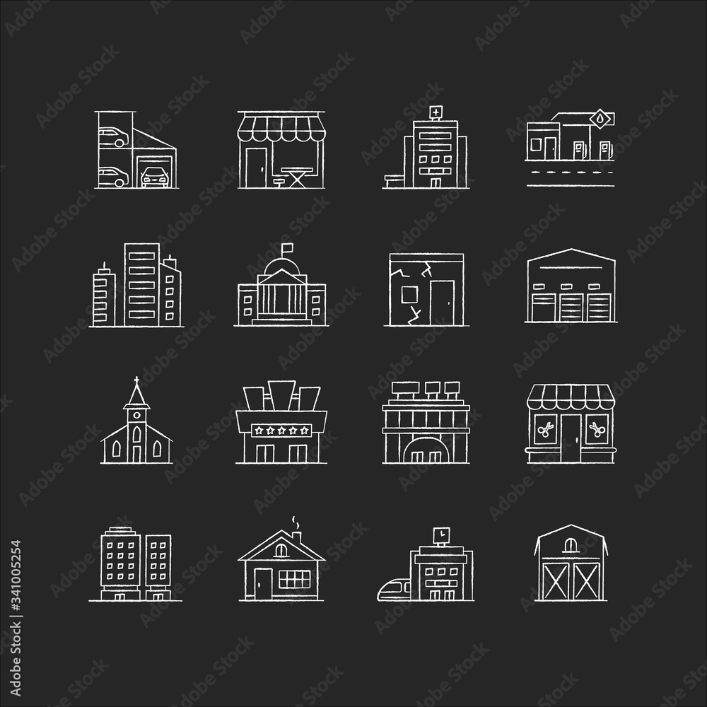 Industrial buildings fronts chalk white icons set on black background