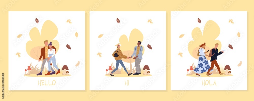 Young people in forest on greeting creative card set. Girlfriend boyfriend couple meeting. Man woman on first romantic date. Teenager boy girl friends networking via phone. Relationship, communication